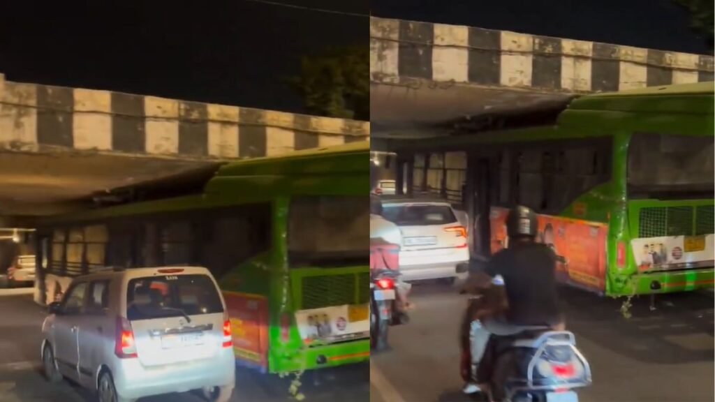 delhi-dtc-bus-stuck-swaminaraayan-underpass-traffic-issues