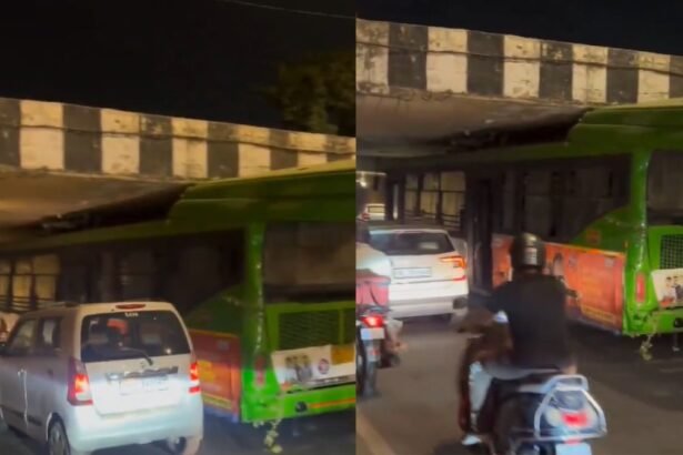 delhi-dtc-bus-stuck-swaminaraayan-underpass-traffic-issues